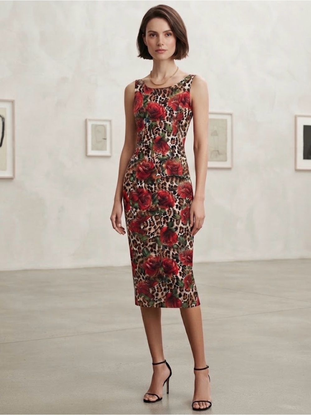 Anama Red Rose & Leopard Midi Dress